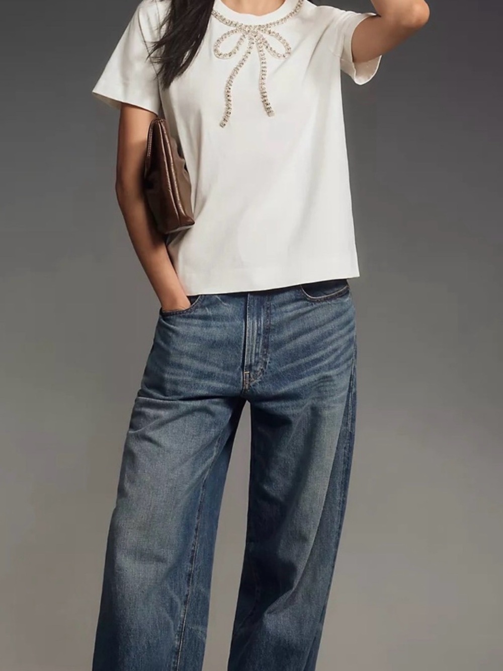 Maeve by Anthropologie White Tee with Crystal bow Embellishment